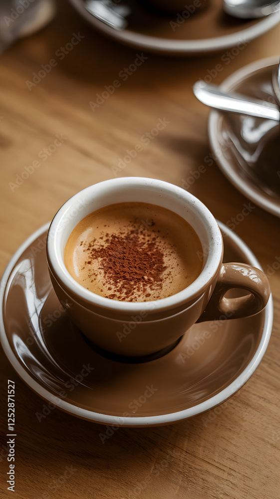 A close-up of a creamy espresso topped with cocoa powder in a brown cup on a wooden table. A close-up of a creamy espresso topped with cocoa powder in a brown cup on a wooden table.