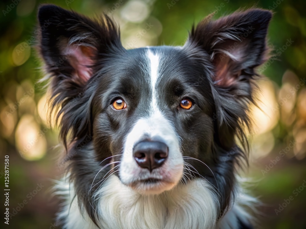 Alert Border Collie Close-Up: Black and White Dog Face, Aerial View Alert Border Collie Close-Up: Black and White Dog Face, Aerial View