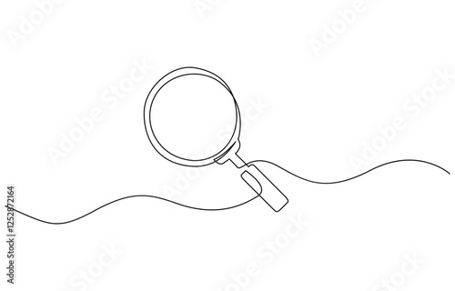 One continuous line illustration of magnifying glass. Continuous line drawing of magnifying glass, Continuous line illustration of magnifying glass. Continuous line drawing of magnifying glass lens.