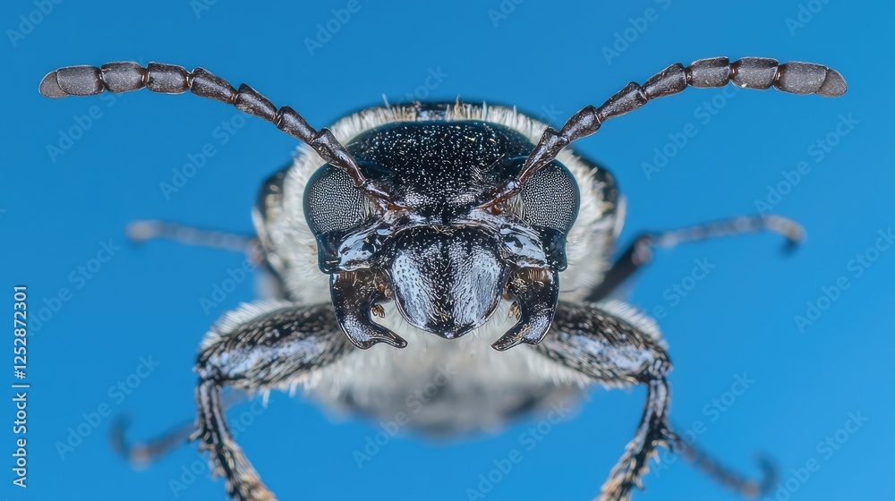 Close-up insect portrait, blue background, macro photography, nature study Close-up insect portrait, blue background, macro photography, nature study
