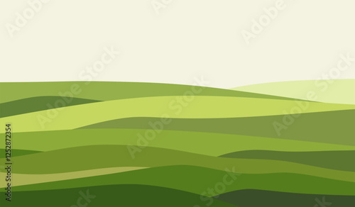 Panoramic landscape of fields, meadows, hills. Spring green layered minimalist abstract background. Graphic illustration of beautiful fresh earth. An element for a banner, poster, or flat design