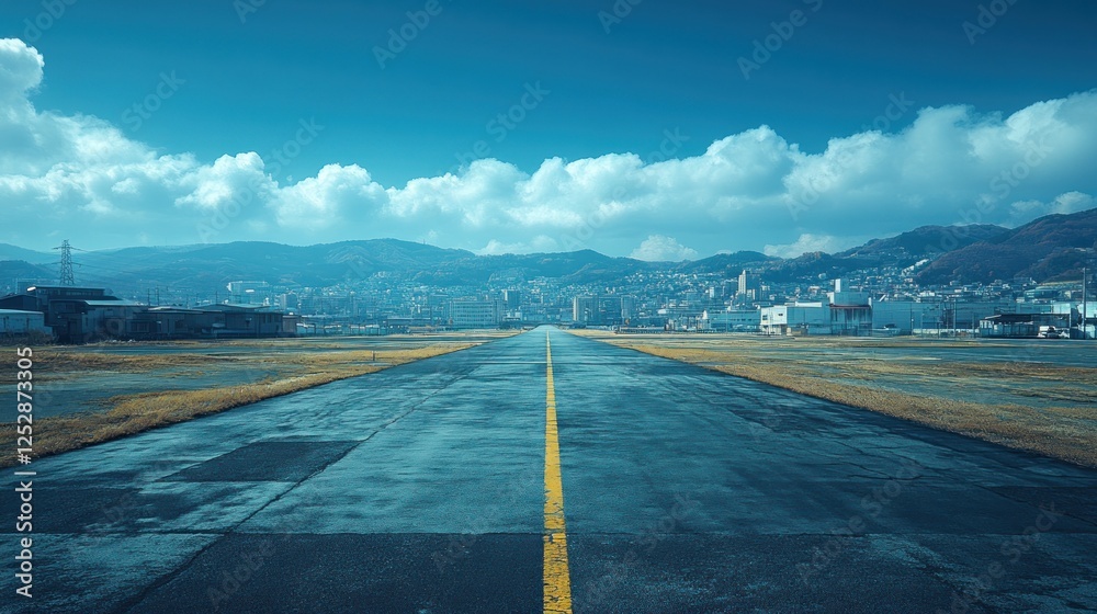 Fototapeta premium Runway leading to city, mountains background, travel