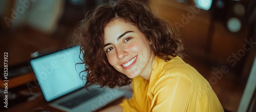 Happy woman working laptop home office
