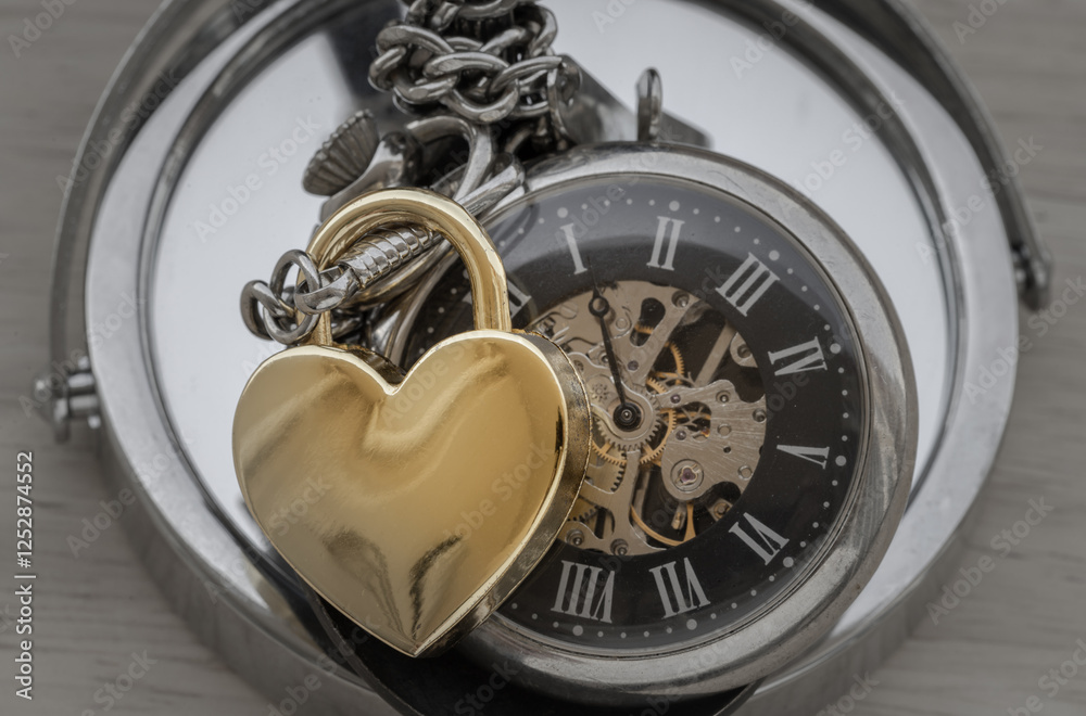 Golden heart shaped love padlock lap over A retro pocket watch on circular mirror. Love can endure beyond the limitations of time, Concept of Love that transcends time, Valentine's day, Copy space.