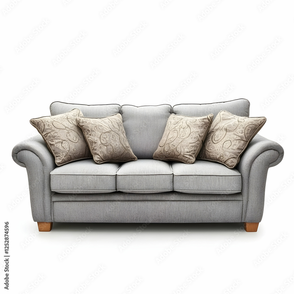 Fototapeta premium Grey fabric sofa, plush pillows, white background, home decor