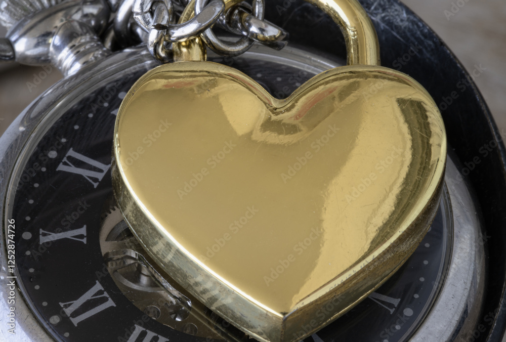 Close-up of Golden heart shaped love padlock on A retro pocket watch. Love can endure beyond the limitations of time, Concept of Love that transcends time, Valentine's day, use it as your Copy space.