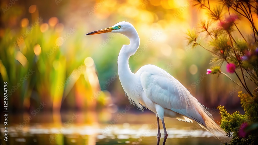 Naklejka premium Vintage great egret, graceful bird portrait.