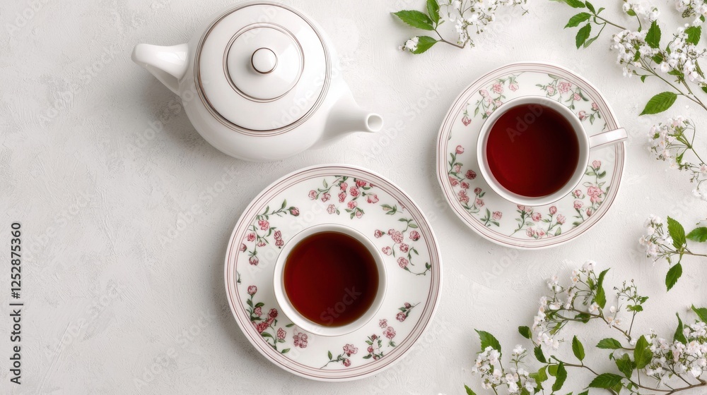 Elegant tea setting with floral china and fresh blossoms Elegant tea setting with floral china and fresh blossoms