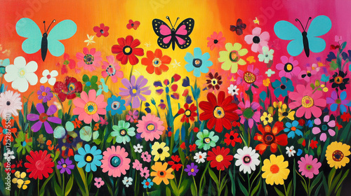 Vibrant painting capturing the essence and colors of the hippie era filled with flowers, butterflies, and joyful imagery of a lively garden