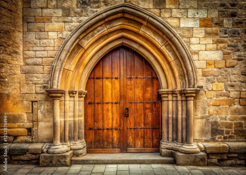 Fototapeta premium Antique Double-Leaf Door, Stone Cathedral Entrance, Locked, Daylight