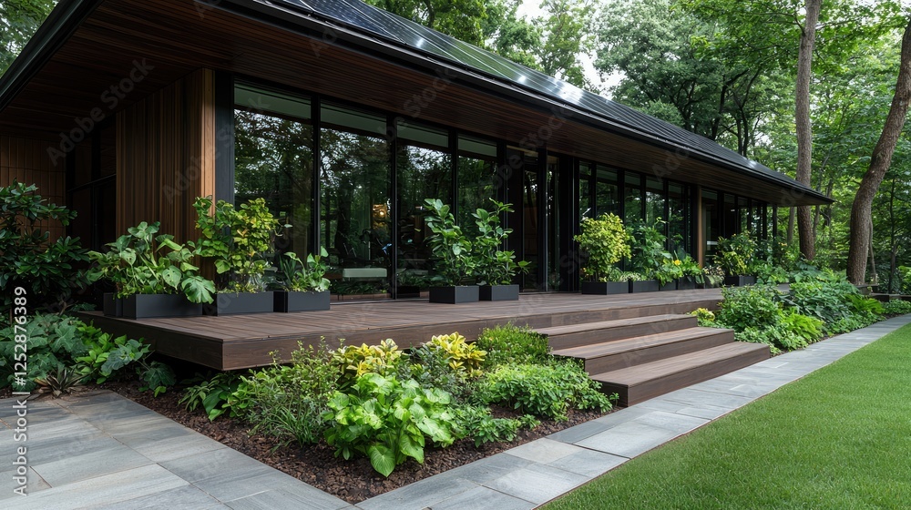 Naklejka premium Modern house, garden, green landscape, serene setting, architectural design