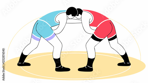 Two wrestlers in colorful uniforms are engaged in a grappling stance on a stylized mat. The blue and red attire contrasts with the neutral background, emphasizing the dynamic interaction.AI