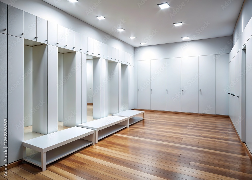 Obraz premium Simple white changing room, wooden floor, architectural detail.