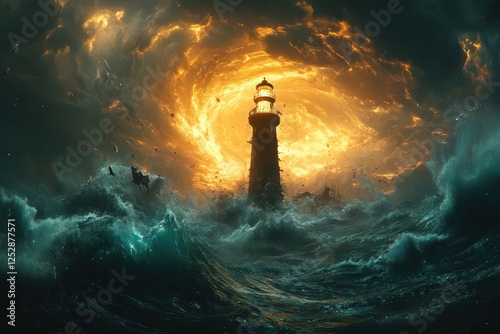 Majestic Lighthouse Illuminating Stormy Seas with Radiant Light and Turbulent Waves as a Symbol of Hope and Guidance in Challenging Times