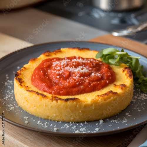 A delicious cheesy polenta cake topped with rich tomato sauce, sprinkled with cheese and garnished with greens.