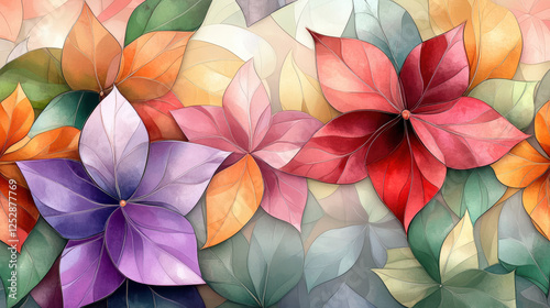 Wallpaper Mural Stylized floral artwork featuring vibrant, multicolored petals with clean, textured appearance. composition showcases overlapping flowers shades of red, purple, orange, and green, creating Torontodigital.ca