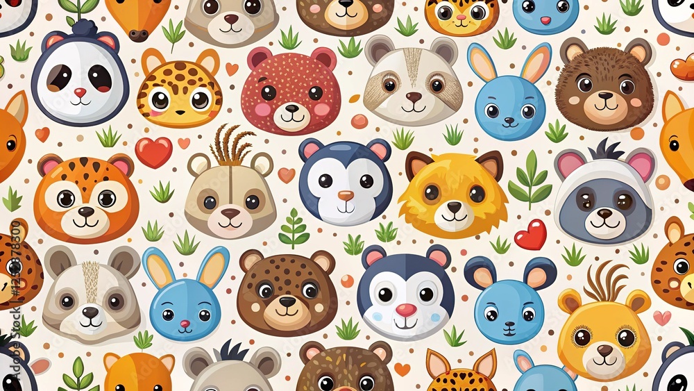 Fototapeta premium Cartoon animal expressions, aerial view, white backdrop.