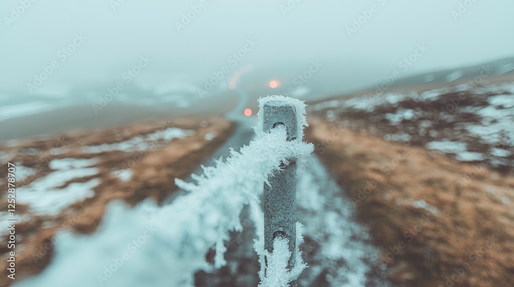 Fototapeta premium Icy fence post on a foggy mountain path