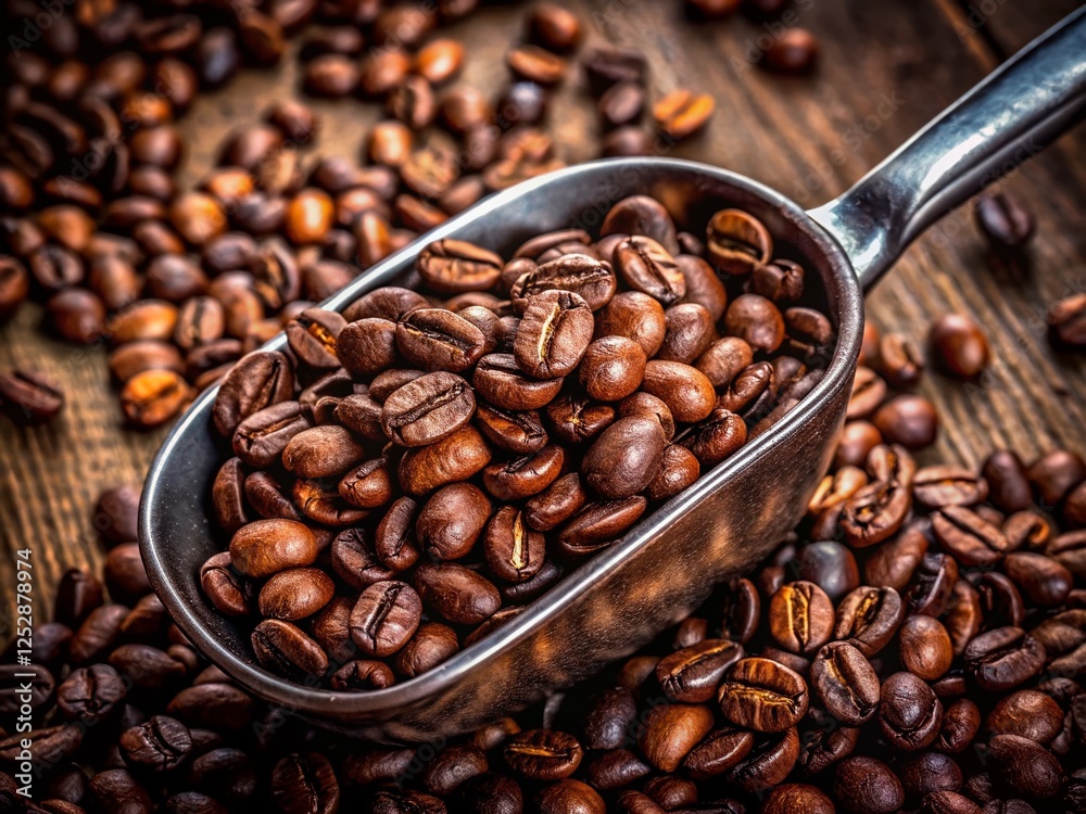 Fototapeta premium Aromatic Coffee Beans in Metal Scoop - Rich Brown Roasted Coffee