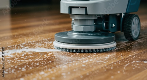Floor scrubber cleaning wooden surface with soap and brush for sparkling shine