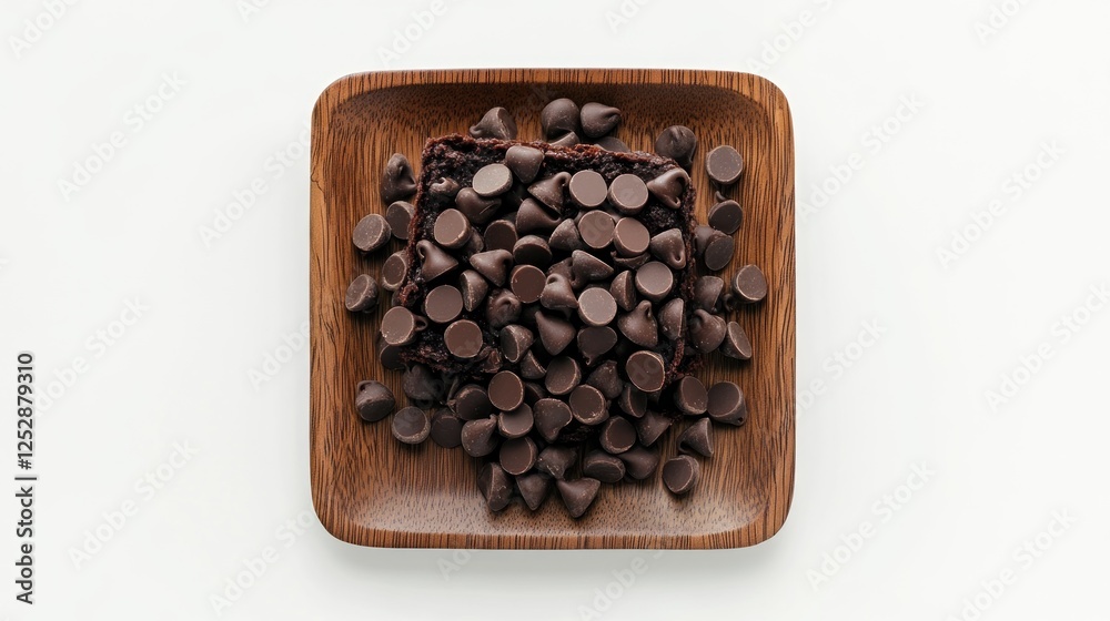 Chocolate brownie with chips on wooden plate