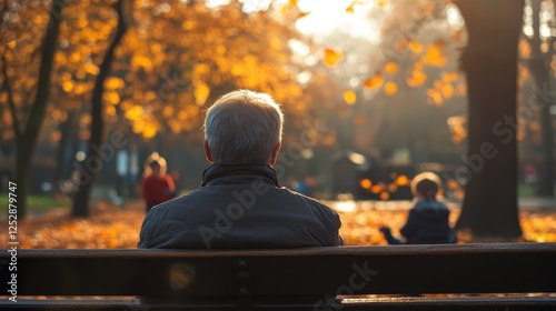 Man Sitting Alone on Park Bench, Enjoying Autumn Vibes While Watching Children Play in a Vibrant Park Scene with Golden Leaves photo