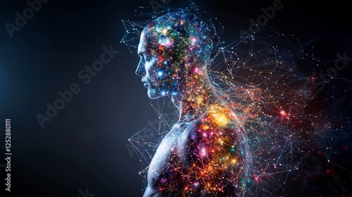 Human body glowing with cosmic energy abstract art digital environment side view explore inner universe