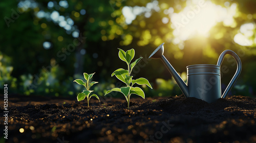 A vibrant garden scene with a watering can, a spade, and a trowel resting on the ground next to a small hole prepared for planting young seedlings. photo