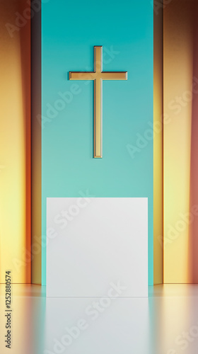 Gold Christian cross, blue yellow 3d scene, white copy space for Bible verse, announcement, church social media story design vertical