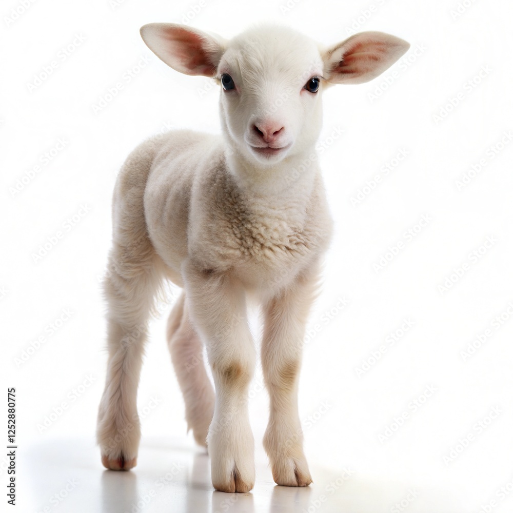 Fototapeta premium Fluffy white lamb portrait, cute baby sheep standing, young farm animal