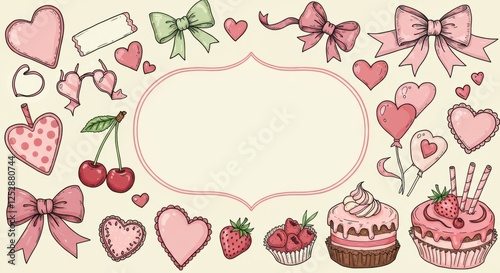 Wallpaper Mural Charming pink desserts and bows border frame for festive greeting cards Torontodigital.ca