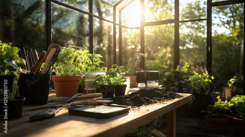 A vintage-style greenhouse interior, with a worktable covered in gardening tools, potted plants, and fresh soil scattered across the surface. Sunlight streams through the glass pan