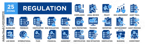 Regulation icon collection set. Containing design Compliance Check, Legal Review, Policy Management, Risk Assessment, Audit Trail	