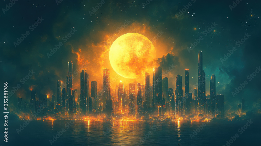 City skyline illuminated at night with twinkling stars and a glowing moon over serene waters, creating a captivating urban nightscape City skyline illuminated at night with twinkling stars and a glowing moon over serene waters, creating a captivating urban nightscape