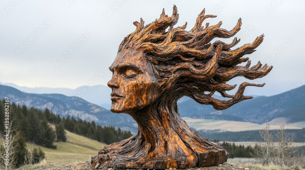 Monumental Wooden Sculpture of a Woman with Flowing Hair set Against Mountainous Vista Monumental Wooden Sculpture of a Woman with Flowing Hair set Against Mountainous Vista