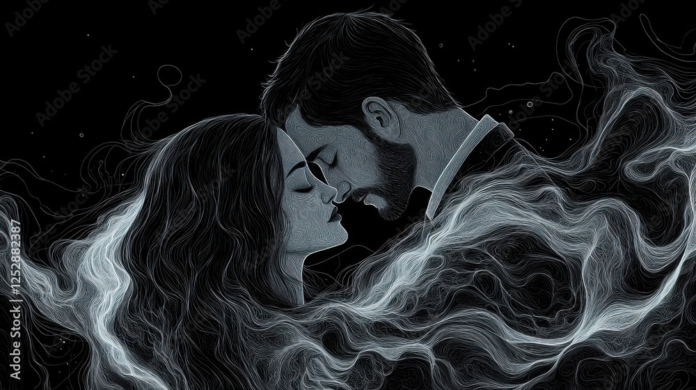 Couple in love sharing an intimate moment against a mystical background with swirling clouds and soft light Couple in love sharing an intimate moment against a mystical background with swirling clouds and soft light
