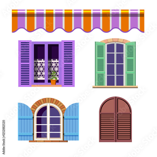 set of traditional european windows with shutters and curtains