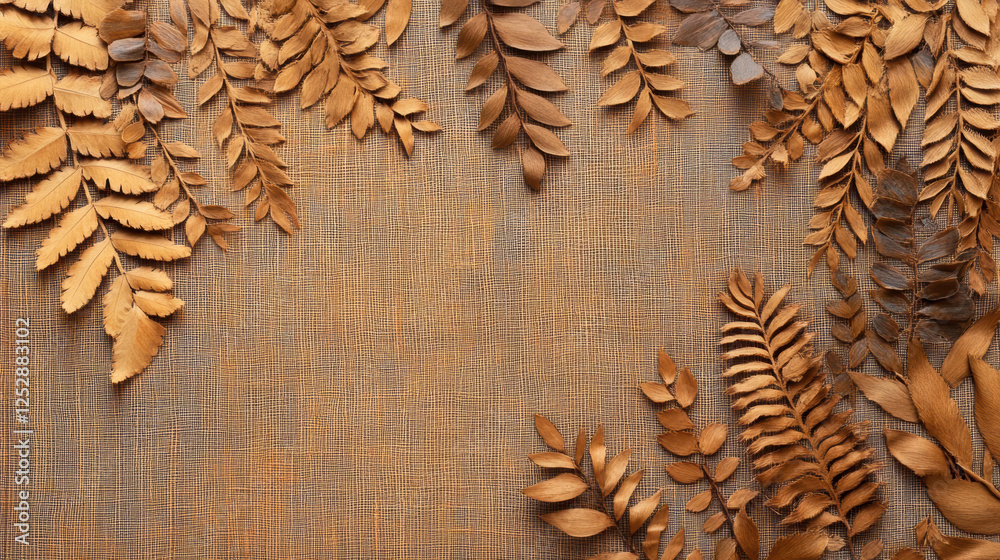 Latte colored botanical leaf imprints pressed into textured fabric background, creating warm and organic aesthetic. delicate fern and foliage patterns enhance natural and rustic feel Latte colored botanical leaf imprints pressed into textured fabric background, creating warm and organic aesthetic. delicate fern and foliage patterns enhance natural and rustic feel