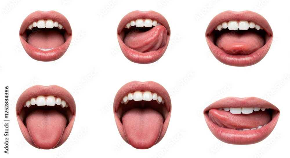 Obraz premium Collection of human mouth expressions: various tongue and lip movements on white background