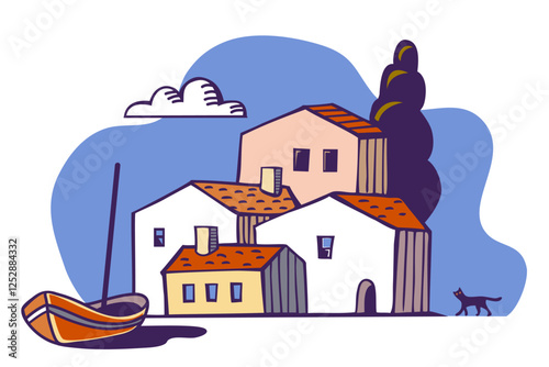 hand drawn mediterranean landscape with fishing boats