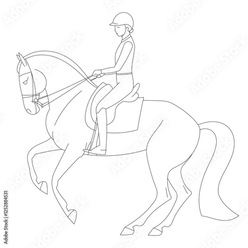 Female equestrian riding a horse in dressage pose, simple black and white line drawing