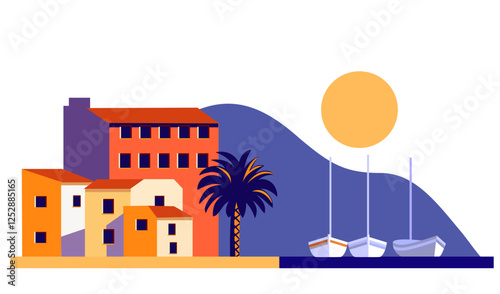 european seaside town vector illustration with boats