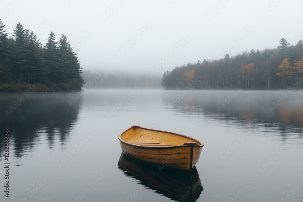 A lone wooden boat gently floating in the middle of a glassy lake, with a thick fog rolling over the water. creating a dreamy and peaceful atmosphere.
A lone wooden boat gently floating in the middle of a glassy lake, with a thick fog rolling over the water. creating a dreamy and peaceful atmosphere.