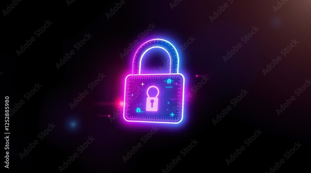 Neon lock symbol glowing in a dark background, representing digital security and protection Neon lock symbol glowing in a dark background, representing digital security and protection