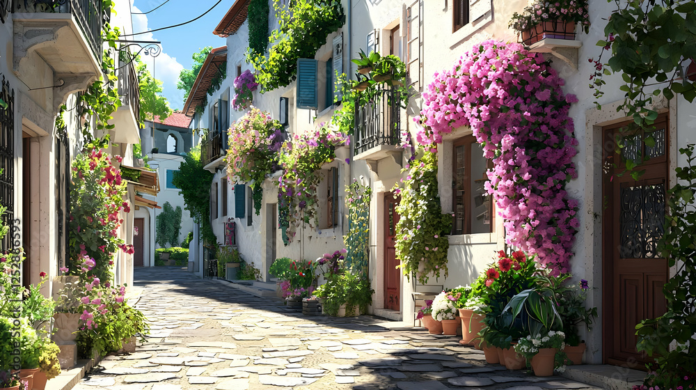 Fototapeta premium Charming European Town Alleyway Filled With Flowers