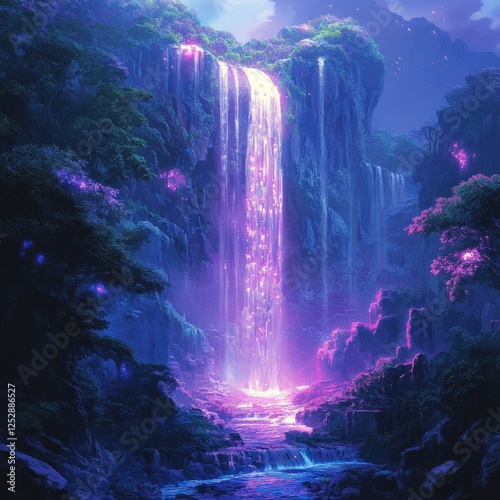 Wallpaper Mural A fantasy forest with a waterfall flowing from a glowing crystal mountain Torontodigital.ca