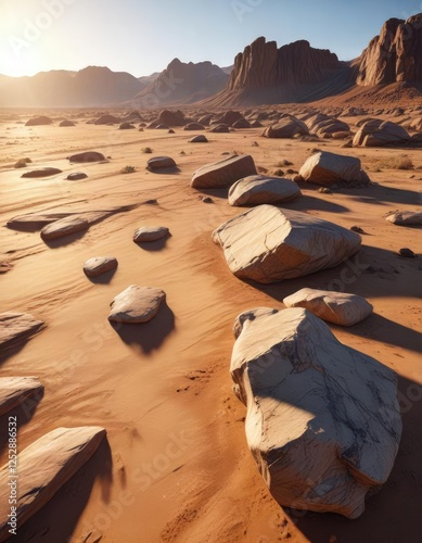 Wallpaper Mural Warm sunlight illuminates a vast, open plain of smooth, unblemished stone, casting long shadows and highlighting geological features, outdoor photography, barren landscape Torontodigital.ca