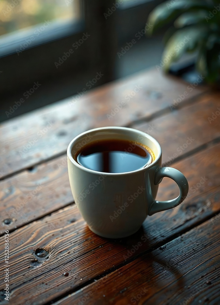 Warmly glowing cup of black coffee on a worn wooden table, home decor, rustic, coffee Warmly glowing cup of black coffee on a worn wooden table, home decor, rustic, coffee