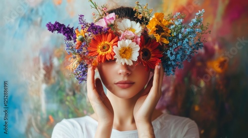 Portrait of a woman wearing a colorful flower crown in soft light