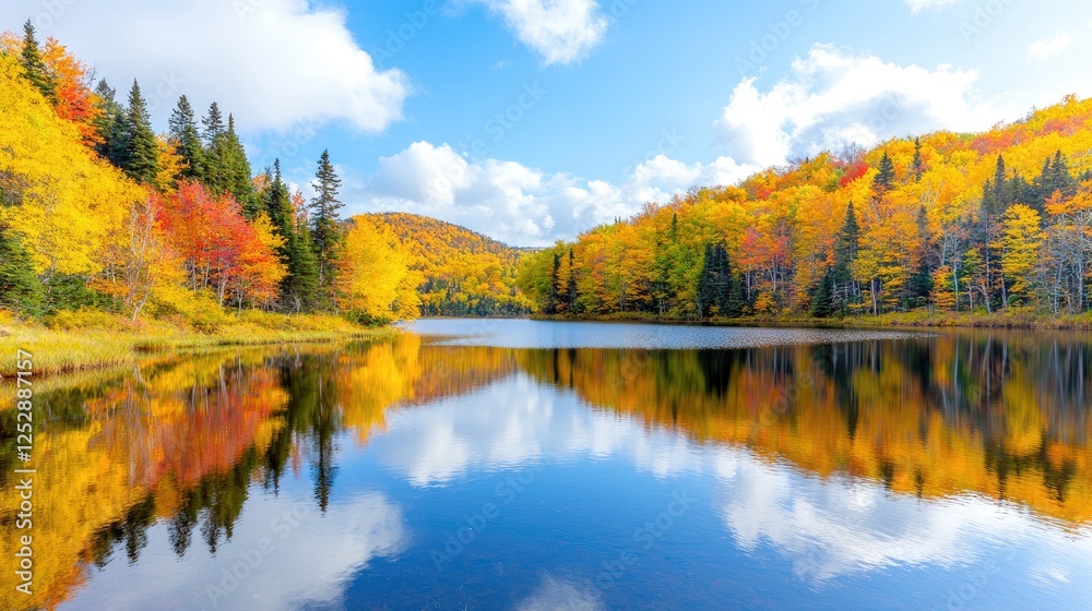 Autumn lake reflection, vibrant foliage, mountain backdrop, peaceful scene, nature photography Autumn lake reflection, vibrant foliage, mountain backdrop, peaceful scene, nature photography